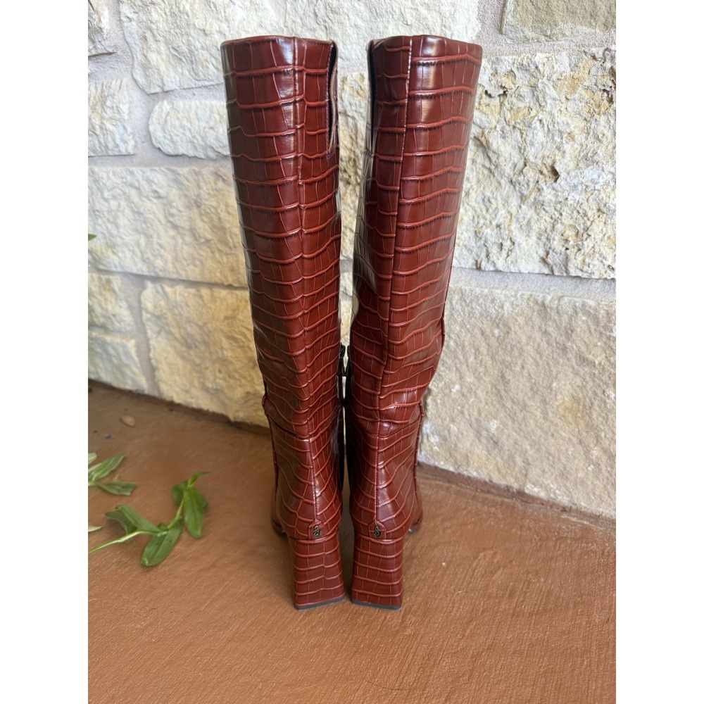 Sam Edelman RARE Raekel Croc-embossed Spiced Red Leather Block Heel Tall Boot 8M - Picture 6 of 11